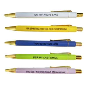 Funny office sarcastic quote ballpen set of 5 colorful metal ballpoint pens with gold trim