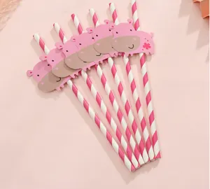 Cute pink hippo paper straws for party decoration, eco-friendly disposable drink straws for birthdays.