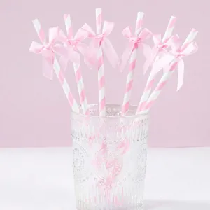 Pailles à Boire en Papier Rayé Créatives Avec Noeud en Tissu Décoration de Fête pour Table de Dessert Fournitures d'Anniversaire