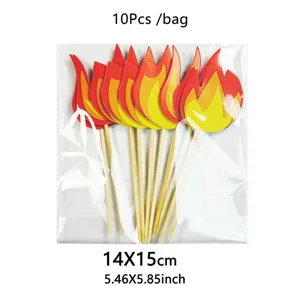 Detail view of paper fire flame cake toppers with wooden sticks, 10 pieces per bag for party.