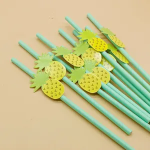 Disposable paper straws with tropical pineapple decorations for parties, drinks and juice events.