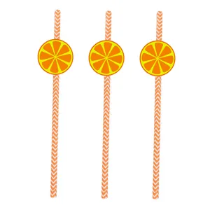 Decorative paper straws with orange slice cutouts, perfect for summer parties and drinks.