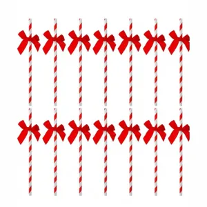 Red and white striped paper straws with cute bows for party decorations and birthday events.