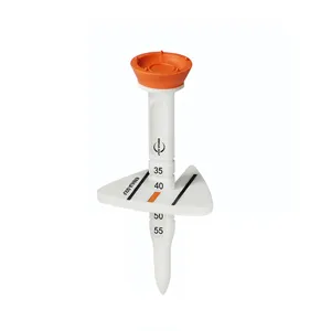 Height adjustable golf tee with alignment plate and clear scale markers for stable shots.