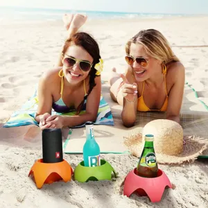 Beach cup holders set of three colorful plastic flower shaped sand drink holders for outdoor beach.