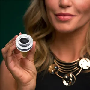 Detailed view of the black gel eyeliner in a clear jar, showing smooth texture for eye makeup.