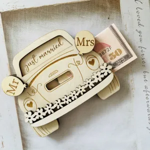 Wooden wedding car money holder detail view, laser engraved design for wedding gifts and cash.