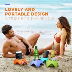 Colorful plastic beach cup holders for drinks and phones, portable outdoor sand cup stand.