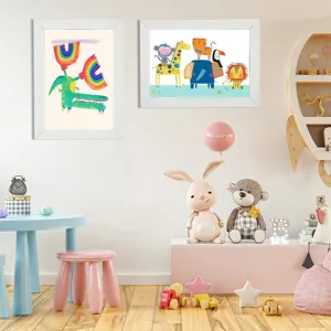 Kids art frames with white wooden borders for displaying children drawings and paintings.