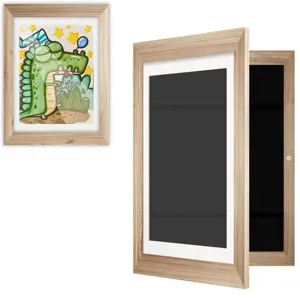 Wood kids art frame detail showing A4 storage box and open front design for kids drawings.