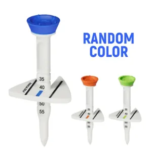 Height adjustable golf tee with stability base and height marker lines for outdoor sports.