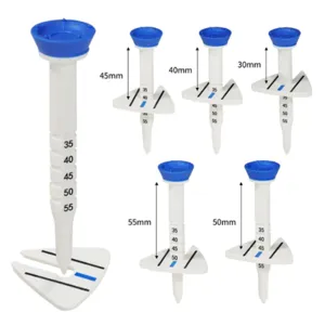 Height adjustable golf tees with 30-55mm markers and stable triangular base.