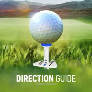 Height adjustable golf tee with stable triangular base and direction guide for golf training.
