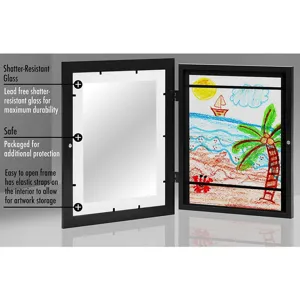 Kids art frame wood storage box with shatter resistant glass and elastic bands for easy display.