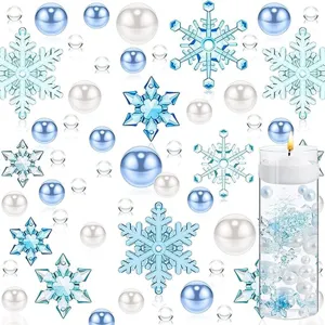 Christmas vase fillers set featuring blue pearls white pearls and acrylic snowflakes for floating candles.