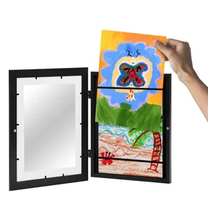 Detailed view of black wooden front-opening kids art frame for easy artwork storage and display.