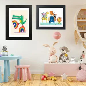 Wooden kids art frames for A4 drawing storage and picture display in nursery room decor.