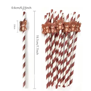 Decorative paper drinking straws with cute brown bear cards, party supplies, 19.7cm.