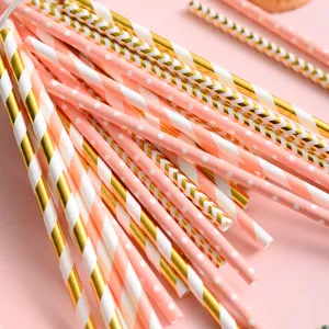 Biodegradable paper straws set, pink gold foil polka dot stripe party drink details