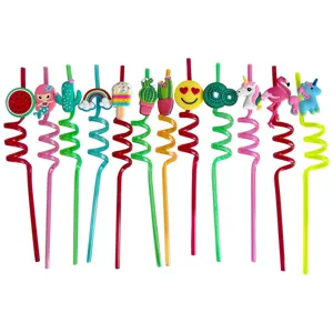 Colorful creative PVC shaped drinking straws set with cute cartoon toppers for parties.