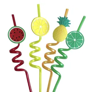 Creative colorful PVC fruit shaped curly drinking straws detail view with fruit decors