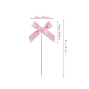 Pink ribbon bow cake topper with wooden toothpick for party baking dessert decoration 10pcs