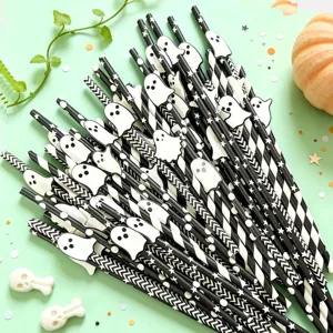 Halloween paper straws black and white striped ghost drinking straws party decor supplies