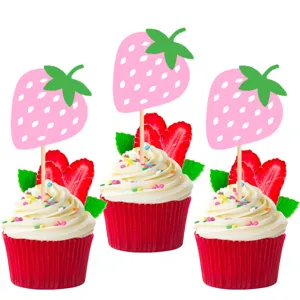 Set di topper per cupcake alla fragola carini, perfetti per feste e decorazioni di dolci.