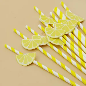 Biodegradable paper straws featuring cute lemon slice decorations for parties and milk tea.