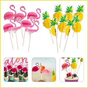 Hawaiian party cupcake toppers flamingo pineapple honeycomb cake picks baking decoration
