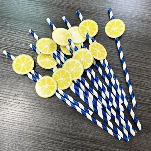 Lemon paper straws set with blue striped design for party dessert table decoration items.