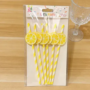 Party Papirostrohhalme Set mit gelber Zitronen Dekoration, Einweg Säfte Trinkhalme.