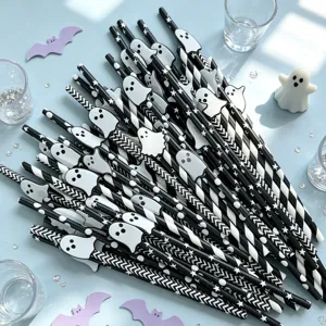 Halloween paper straws with cute ghost decor, black and white striped party drink straws.