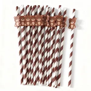 Creative Party Paper Straws With Cute Bear Card Decors Brown White Striped Drinking Straws For Birthday Wedding Celebration
