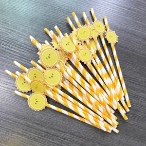 Yellow and white striped paper straws with cute smiling sun cards for party decorations