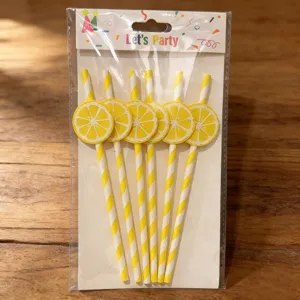 Dekorative Papierstrohhalme mit Zitronen Design, 6er Set für Sommer Partys und Getränke.