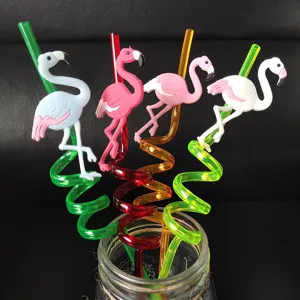 Creative flamingo PVC shaped spiral drinking straws set for party and home drink use.