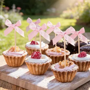 Close up of pink bow cake toppers on mini dessert tarts, cute fabric baking party decoration picks.