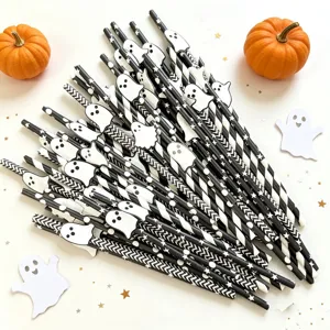 Halloween Paper Straws Ghost Decor Black And White Striped Wave Disposable Drinking Straws For Party Dessert Table Decoration Supplies