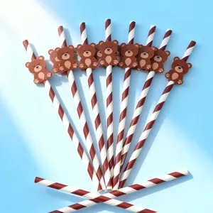 Creative party paper straws set with cute bear card decorations, red and white striped design.