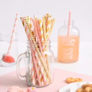 Biodegradable paper straws set pink gold striped polka dot party drinkware detail view