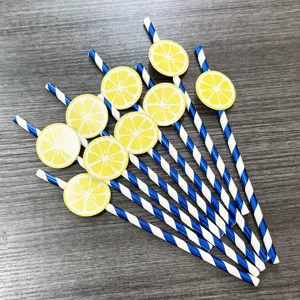 Lemon paper straws for party decoration, blue and white striped drink straws with cute lemon slices.