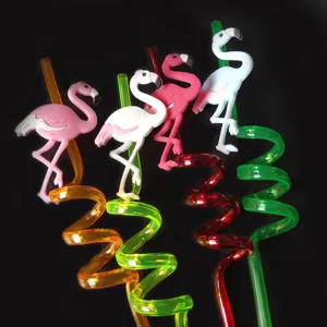 Creative PVC flamingo curly drinking straw detail, colorful plastic fun party drinkware accessory.
