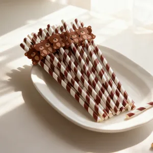 Cute brown and white striped paper straws with bear cards for party and daily drinks.