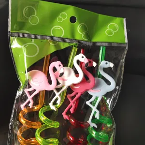 Creative PVC flamingo shaped drinking straw set, colorful curly reusable party drink straws.