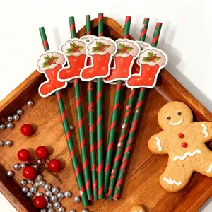 Christmas decorative paper straws with cute holiday stocking designs for party supplies.