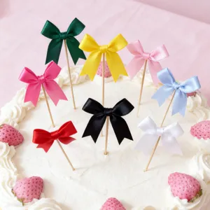 Colorful satin bow cake toppers, swallowtail ribbon picks for baking party dessert decor.