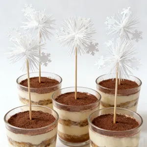 White snowflake cake topper set with tiramisu dessert cups, perfect for winter party decor.