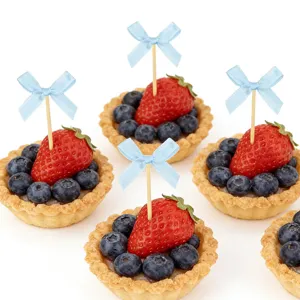 Cute blue bow toothpick cake toppers for dessert baking party decoration fine details
