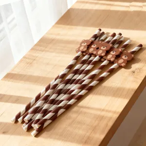 Creative party paper straws with cute brown bear cards, brown and white striped design.